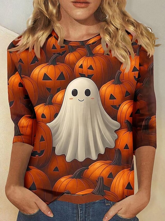 Halloween Women's T shirt Pumpkin Graphic Vintage Fashion Stylish Long Sleeve Crew Neck Round Neck Regular Tops Daily Weekend Print Navy Blue Orange Gray Summer Spring Fall4