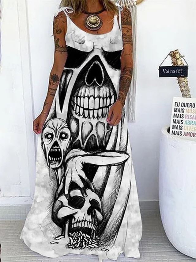  Halloween Pentru femei Rochie Maxi Rochie de vară Rochie Slip Casual Zilnic Fit regulat Cranii Fără manșon În U Negru Alb Roșu-aprins Mov Vară