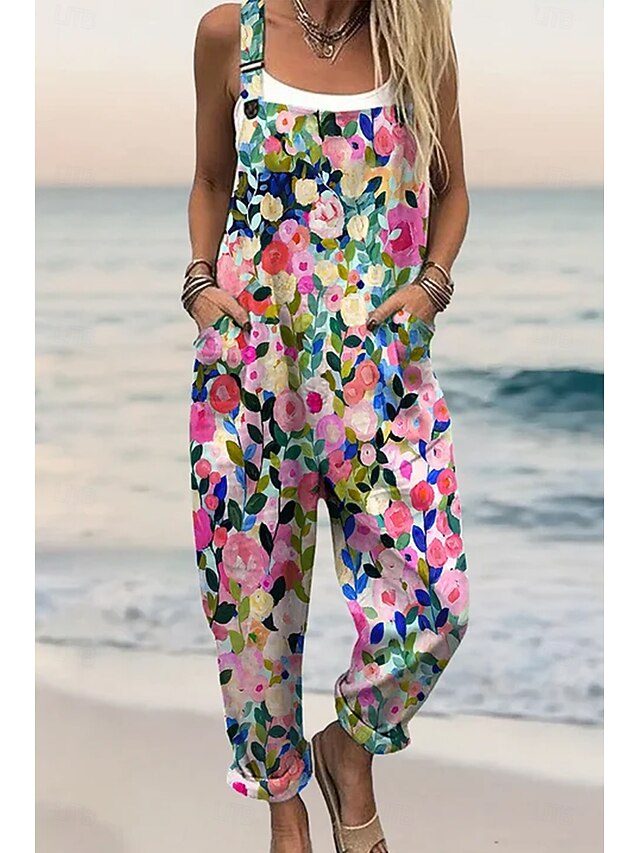 Women's Dungarees Active Floral Sleeveless Sleeveless Straight Square Neck Pocket with Pocket Vacation Daily Loose Fit Pink Red Green Summer4