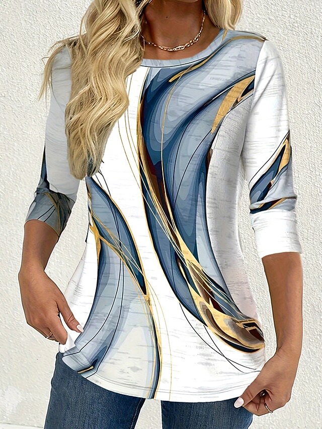 Women's T Shirt Ombre Graphic Abstract Vintage Fashion Stylish Long Sleeve Crew Neck Regular Tops Daily Weekend Print Dusty Blue Spring Fall Winter4