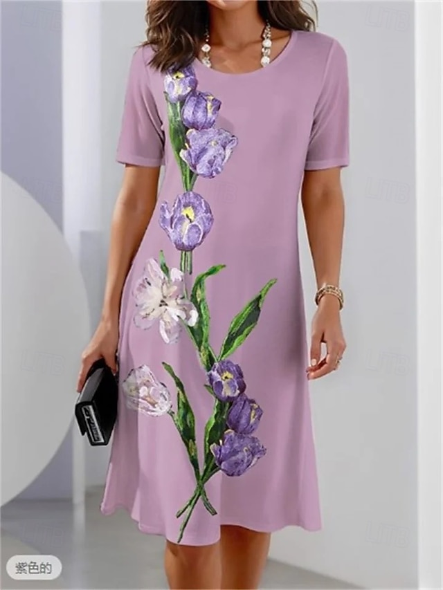  Dámské elegantní midi šaty tričkové šaty šaty s krátkým rukávem šaty s potiskem šaty s potiskem večírek večerní ležérní formální denní střih regular střih květinový grafický abstraktní krátký rukáv