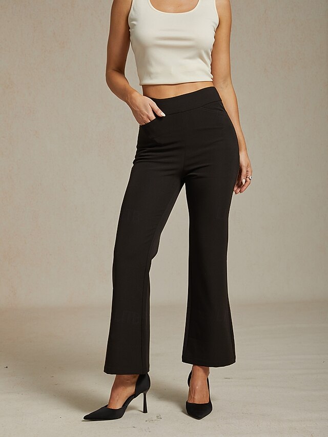 Women's Bootcut Vacation Vintage Ethnic Style Full Length High Waist Solid Color High Elasticity Formal Outdoor Office Black Spring, Fall, Winter, Summer Slim Fit4