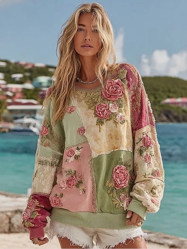 Women's 3D Print Vintage Boho Hoodie Patchwork Hoodie Sweatshirt Floral Pullover Sweatshirt Warm Active Vintage Long Sleeve Street Dailywear Casual Patchwork Light Green Spring Fall Winter3