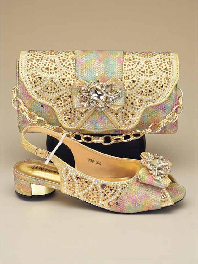  Conjunto de sapatos de salto alto com strass dourados e clutch combinando para mulheres, traje de festa brilhante e enfeitado para coquetéis