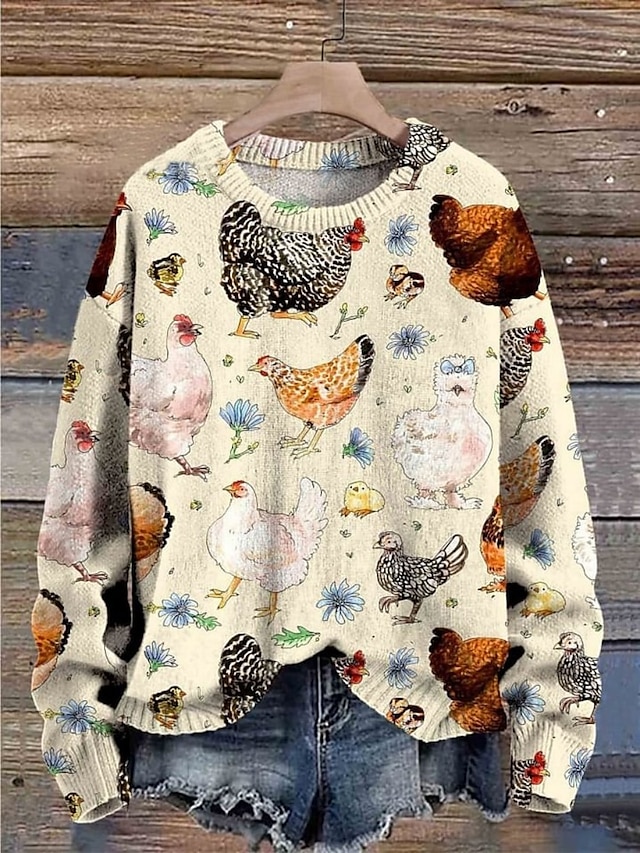  Mulheres Suéter Casual Macia Floral Estriado Gola Redonda Tricotado Imprimir Manga Longa Tops regulares Tricotar Ao ar livre Diário Final de semana Branco Rosa Outono Inverno