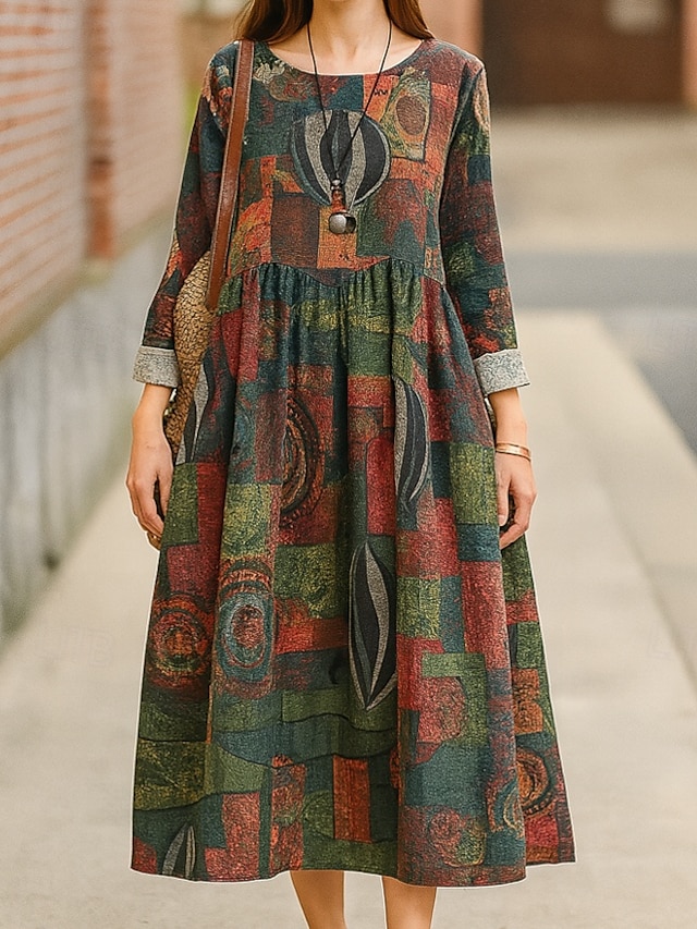  Femmes Robe maxi Robe trapèze Occasionnel Quotidien Coupe régulière Fleuri manche longue Col ras du cou Bleu marine Rouge Vert foncé Marron Été Automne