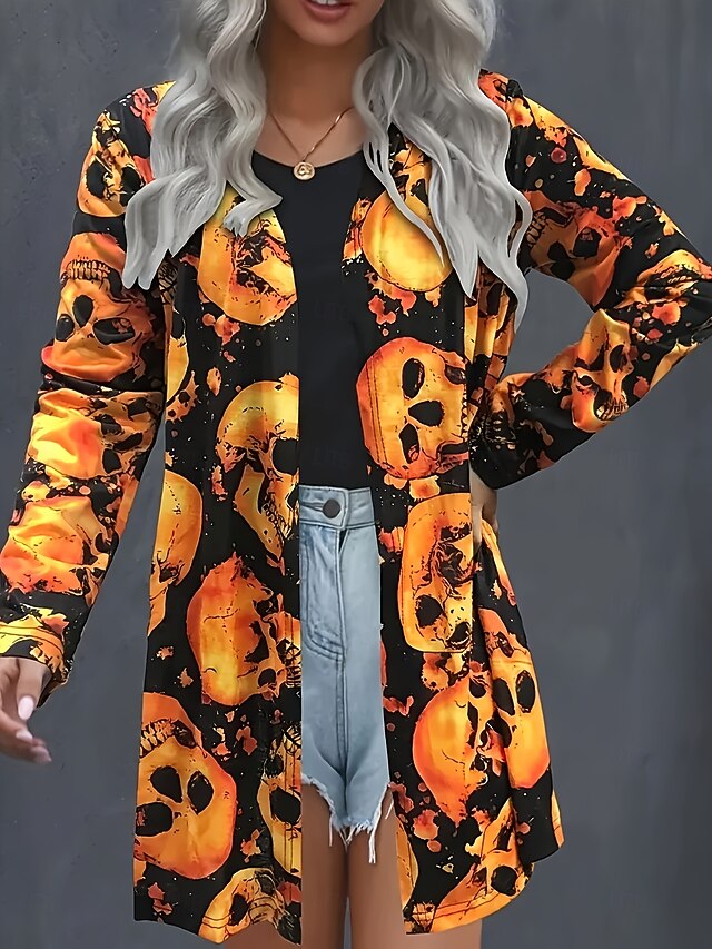 Halloween Women's Coat Lightweight Comfortable Skulls Print Open Front Vintage Artistic Casual Skull Casual Long Collarless Regular Fit Long Sleeve Outerwear Orange Spring Fall4