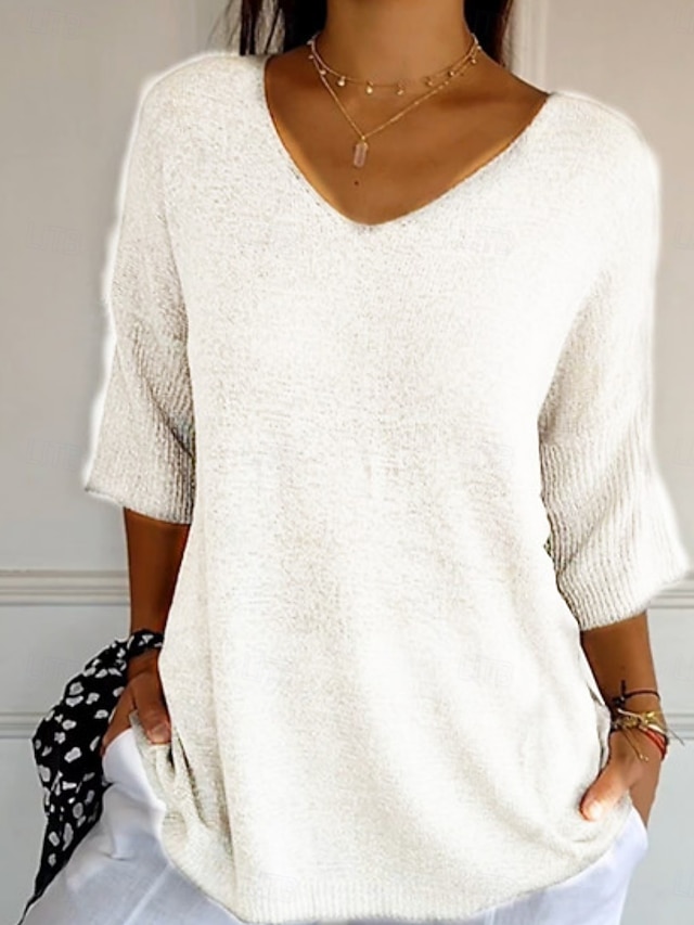  Per donna Felpa Maglione Quotidiano Elegante Casual Tinta unica A Coste Scollo a V Lavorato a maglia Manica 3/4 Top Regolari Maglia All'aperto Quotidiano Nero Bianco Estate Primavera
