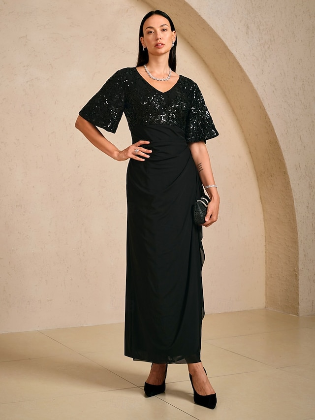  Femmes Robe maxi Robe fourreau Élégant Fête Anniversaire Fleuri Demi Manches Col en V Noir Été Printemps Automne