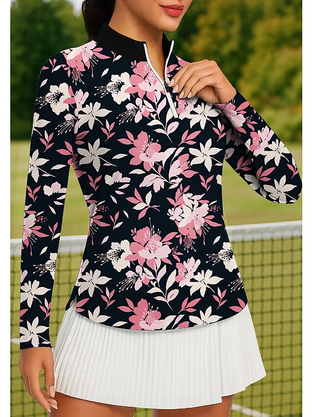 Women's Floral Tops Golf Polo Shirt Tennis Shirt Tennis Tee Long Sleeve Floral Print Quarter Zip UV Protection Elastic Breathable Volleyball Tennis Golf Stand Collar Zip Collar Shirt Polo Pink Tennis4