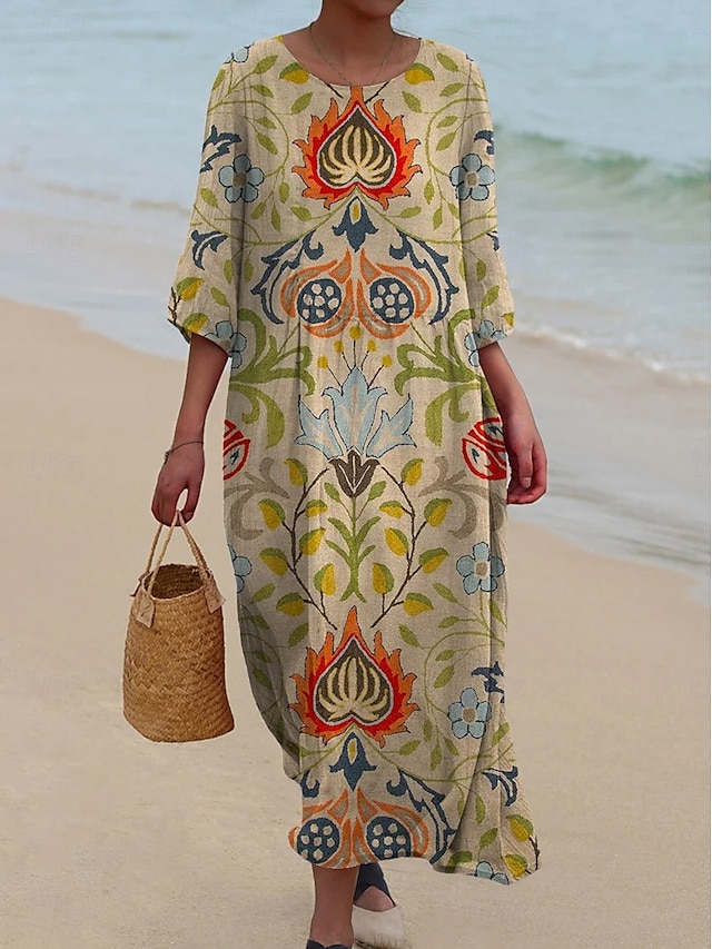  Női Maxi Ruha Kaftan 3/4 Hosszú Ujjú Környakú Lazac Átmeneti Ruha Boho Mindennapi Ünnepi Randi Virágos Grafika Sárga Rózsaszín Kék Zöld Tavasz Ősz
