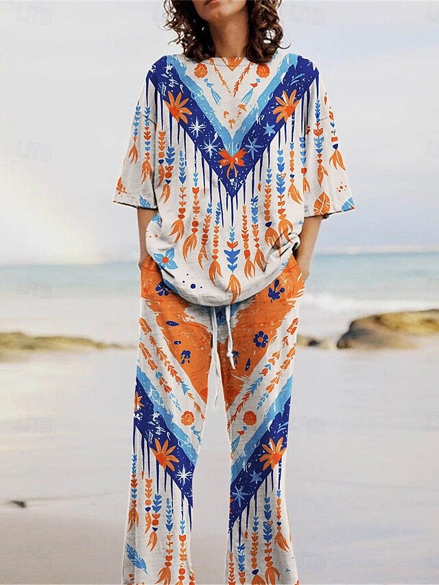 Women's Active Fashion Pants Sets 3/4 Length Sleeve Crew Neck Geometric Color Block Print Vacation Daily Holiday Blue Purple Orange Summer Regular Fit4