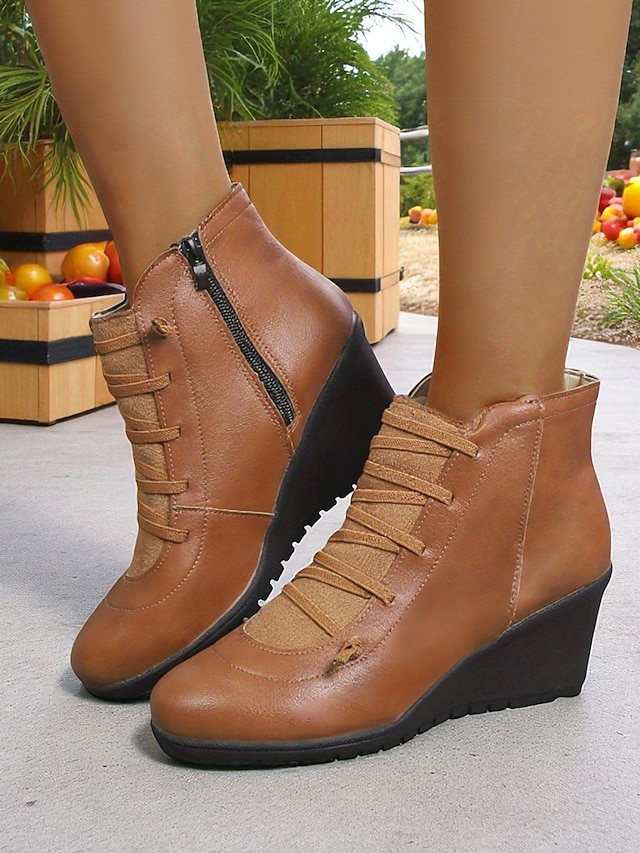  Bottines compensées en similicuir marron pour femme avec fermeture éclair latérale – bottines à lacets décontractées et confortables pour le travail, le shopping et les voyages