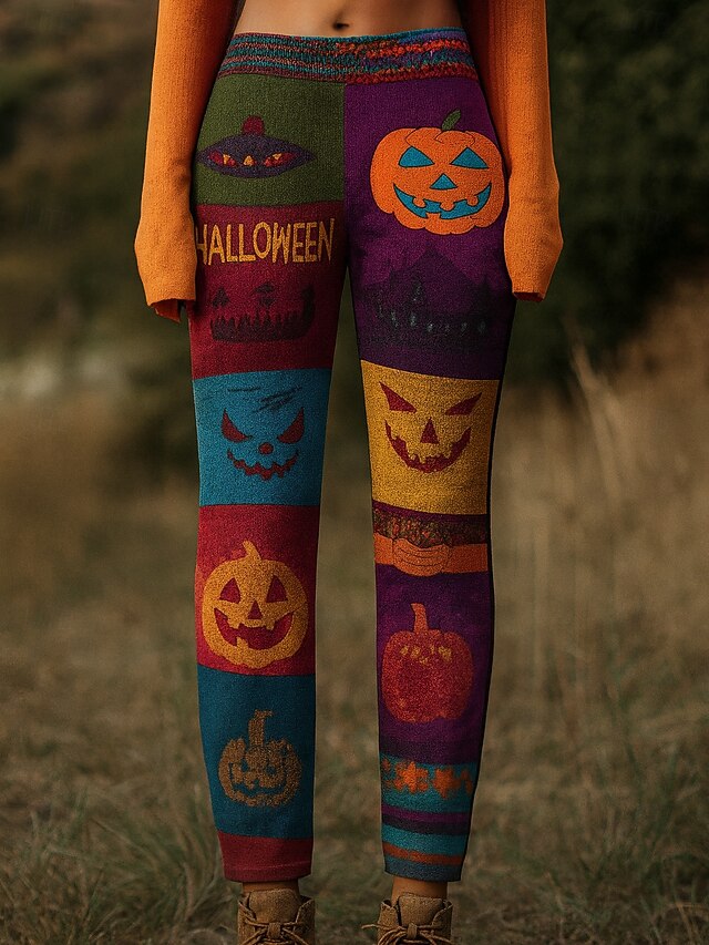 Women's Leggings Vacation Vintage Ethnic Style Full Length High WaistPantsHalloween Graphic Pumpkin Monster 3D Print Quick Dry Breathability Soft Stretchy Outdoor Home Causal Blue Orange Khaki Fall4