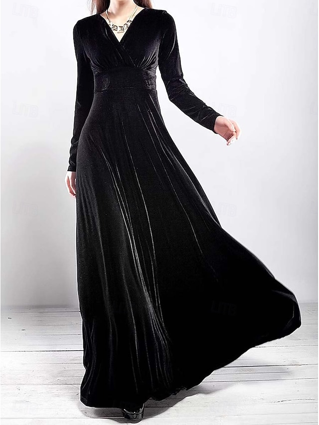  Femmes Robe maxi Robe fourreau Robe trapèze Robe ajustée et évasée Fête Anniversaire Formel Mariage Soirée robe demoiselle d honneur Coupe régulière Uni manche longue Col en V Noir Rouge Violet