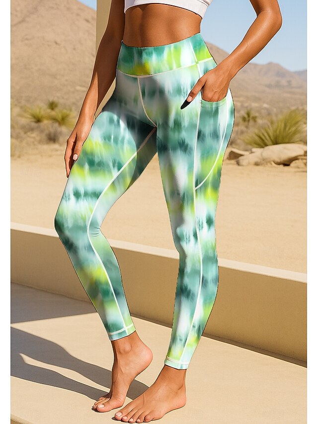 Women's Unisex pilates leggings fitness pants Gym Leggings Pockets Stamp Duty Side Pockets Pilates Gym Gym Workout Pants Tights Leggings Graphic Tie Dye Color Gradient Green Sports Activewear Stretchy4