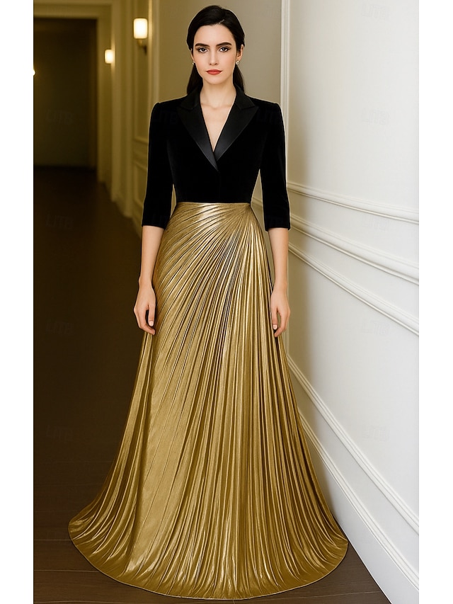  Tuxedo Dress A-Line Formal Wedding Wedding Guest Velvet Elegant Color Block Half Sleeve Floor Length Notched Lapels