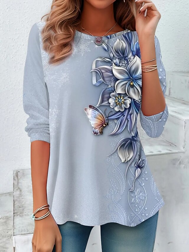 Women's T Shirt Floral Graphic Plants Vintage Fashion Stylish Long Sleeve Crew Neck Round Neck Regular Tops Daily Weekend Print Blue Green Summer Spring Fall3