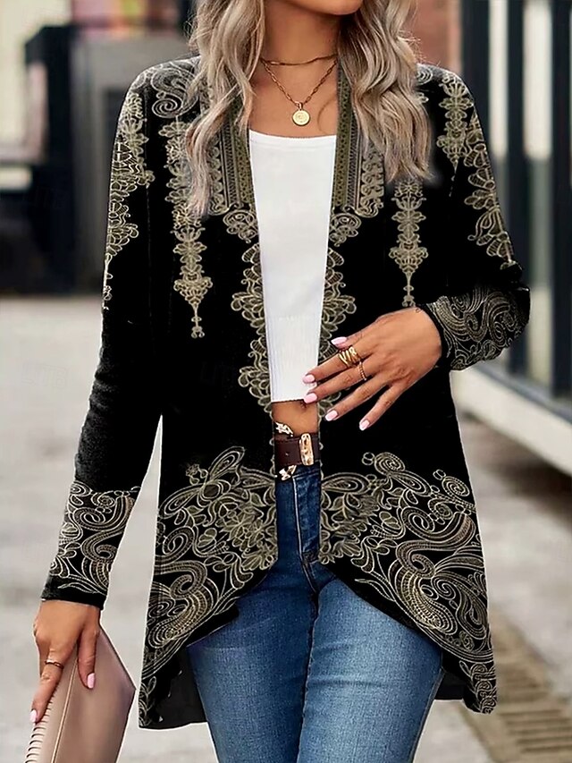 Women's Trench Coat Lightweight Comfortable Print Open Front Vintage Casual Boho Vintage Print Vacation Street Casual Daily Wear Long Collarless Regular Fit Long Sleeve Outerwear Black Spring Fall4
