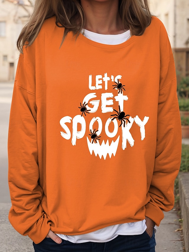  Bluzy damskie na Halloween, graficzne, codzienne, z długim rękawem, z okrągłym dekoltem, regularne, z nadrukiem, czarne, niebieskie, pomarańczowe, zielone, khaki, jesienne i zimowe