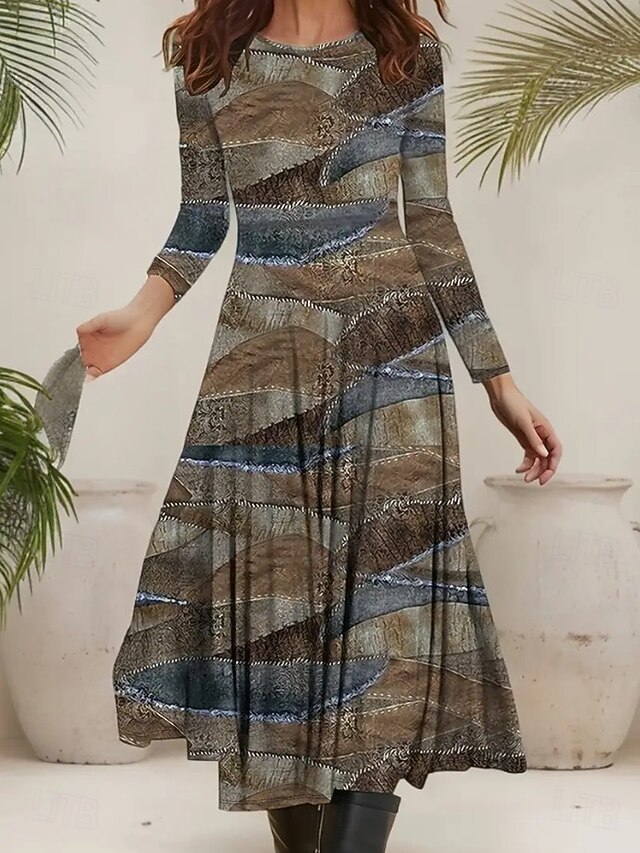 Women's Midi Dress Fit And Flare Dress Casual Boho Party Daily Going out Regular Fit Polka Dot Abstract 3/4 Length Sleeve Crew Neck Light Brown Fall Winter4