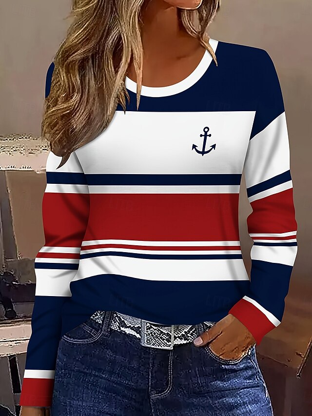 Women's T Shirt Graphic Geometric Striped Vintage Stylish Classic Long Sleeve Crew Neck Round Neck Regular Tops Daily Print Navy Blue Spring Fall Winter4