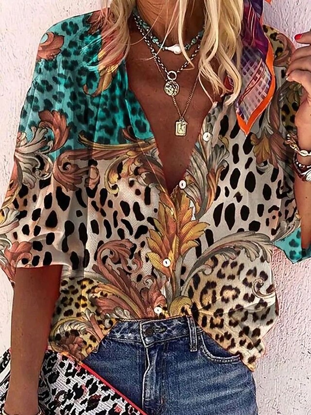 Women's Bohemia Vintage V Neck 3/4 Length Sleeve Graphic Leopard  Daily  Regular Tops Daily Beach Wear Print Maroon Summer Spring Fall4