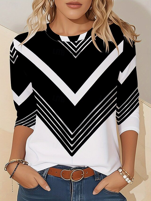 Women's T Shirt Graphic Geometric Striped Vintage Stylish Classic Long Sleeve Crew Neck Round Neck Regular Tops Daily Print Black and White Spring Fall Winter4
