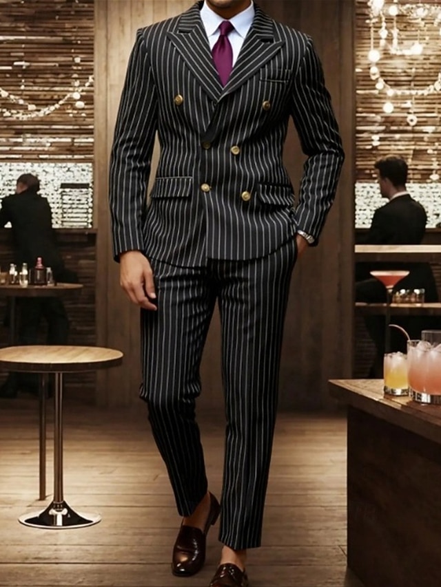  Herren Blazer Set Geschäft Cocktailparty Hochzeitsfeier 2 Stück Mode Lässig Frühling Herbst Polyester Gestreift Tasche Knöpfe Bequem Doppelreihig Blazer Schwarz
