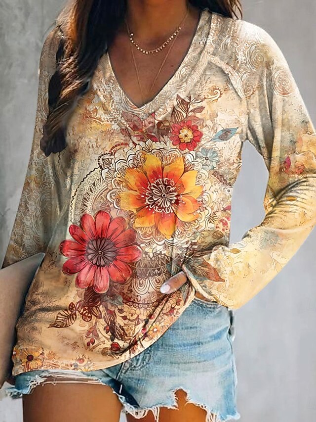 Women's T shirt Long Sleeve Floral Graphic Plants Elegant Bohemia Vintage Long Sleeve V Neck Regular Tops Daily Going out Weekend Print Yellow Blue Spring Fall Prefall3