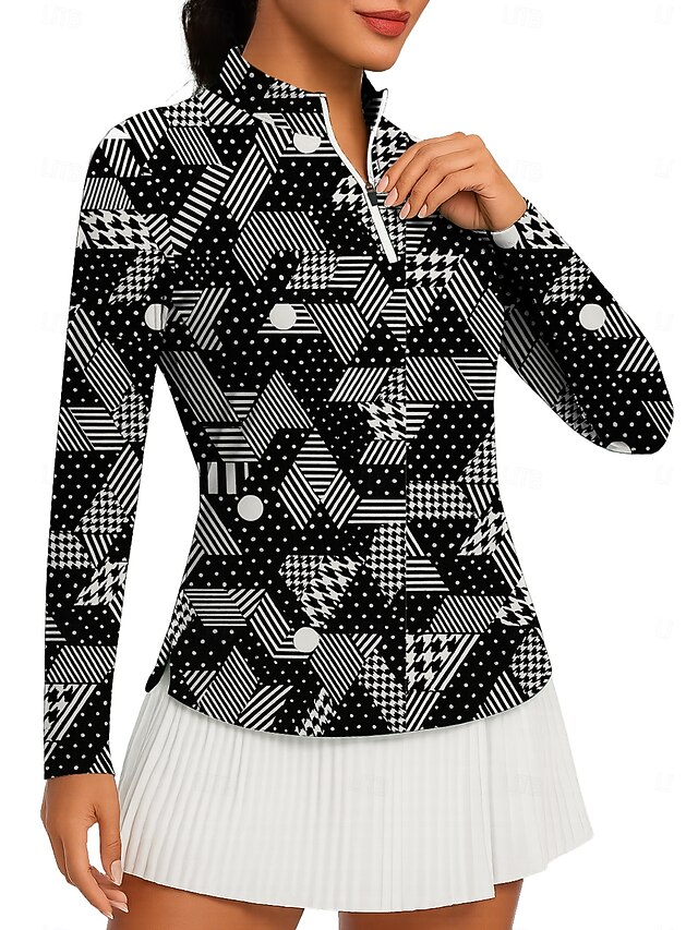 Women's Geometric Tops Golf Polo Shirt Tennis Shirt Tennis Tee Long Sleeve Print Quarter Zip Pullover UV Protection Elastic Breathable Tennis Golf Pickleball High Neck Zip Collar Shirt Polo Black4