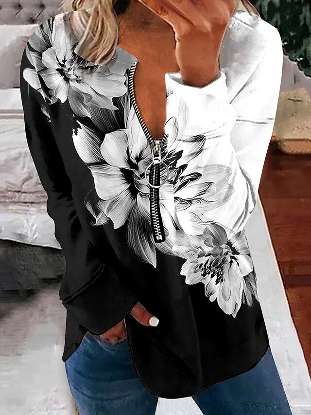 Women's Pullover Sweatshirt Zip Up Sweatshirts Floral Graphic Fashion Casual Long Sleeve Crew Neck Regular Tops Street Dailywear Zipper Print Black Fall Winter4