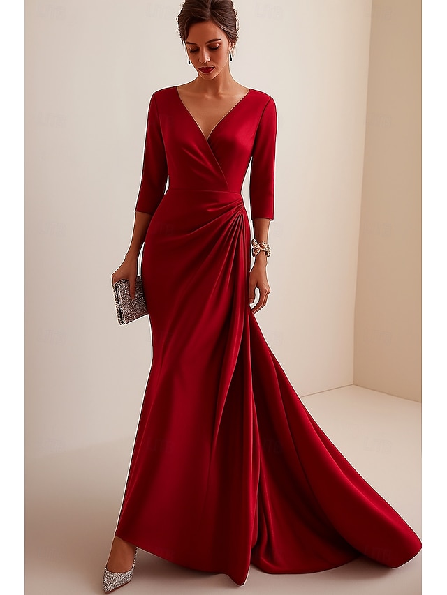  Sirena / Tromba Tubino / Colonna Abito da Sera Elegante Vestito Formale Matrimonio Lunghezza al pavimento Manica 3/4 Scollo a V Raso Schiena a V con Volant 2025