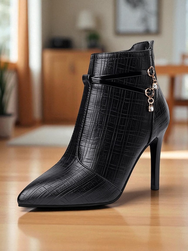  Bottines à talons hauts à motif crocodile noir pour femmes - bottines à talons aiguilles à bout pointu en similicuir avec brides décoratives et breloques en strass pour des tenues élégantes
