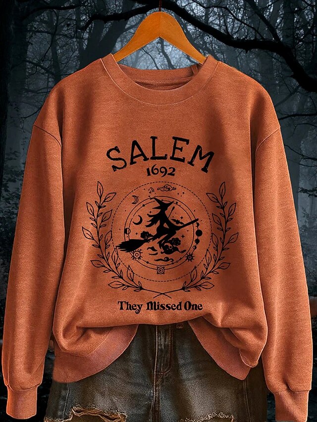  Damskie Bluza z kapturem Graficzny Litera Halloween Moda Codzienny Długi rękaw Półgolf Zwykłe topy Ulica Na co dzień Codzienny Nadruk Czarny Pomarańczowy Jasnoszary Jesień Zima