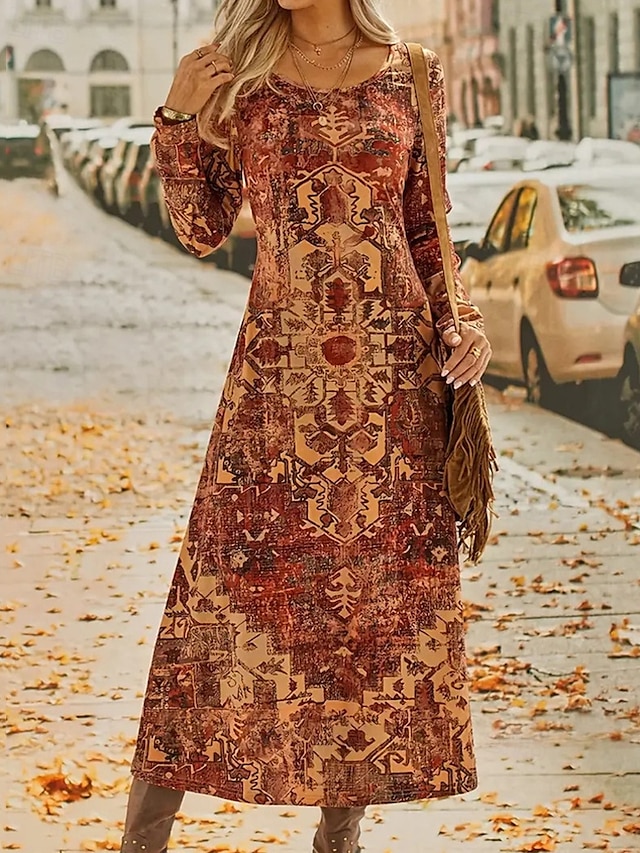  Femmes Robe Longue Maxi Robe Robe Décontractée Robe Imprimée Mode Moderne Quotidien Date Week-end Coupe régulière Fleur manche longue Col ras du cou Marron Printemps Automne