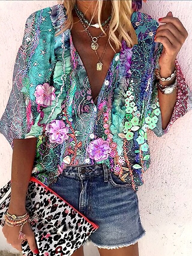 Women's Shirt Button Down Blouse Ombre Floral Graphic Bohemia Vintage Daily 3/4 Length Sleeve V Neck Regular Tops Daily Holiday Beach Wear Print Purple Green Rose Pink Summer Spring Fall4