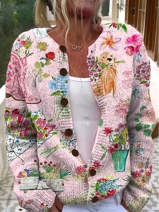  レディース カーディガン セーター ニット リブ編み ボタン フロント ラウンドネック 長袖 軽量 女性 デイリー アニマル クルーネック ボタン プリント ロング トップス ニット アウトドア ウィークエンド ピンク 秋 冬