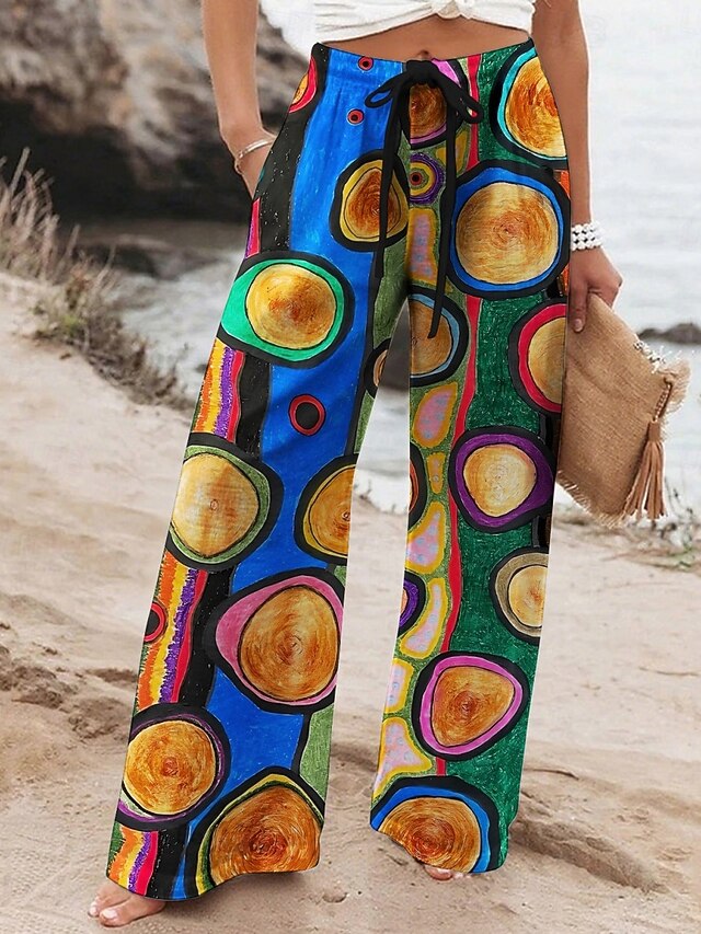 Women's Wide Leg Pants Trousers Vacation Casual Long High Waist Geometic Elastic Waist Printing High Cut Breathability Soft Micro-elastic Vacation Street Daily Wear Blue Spring Fall Regular Fit4