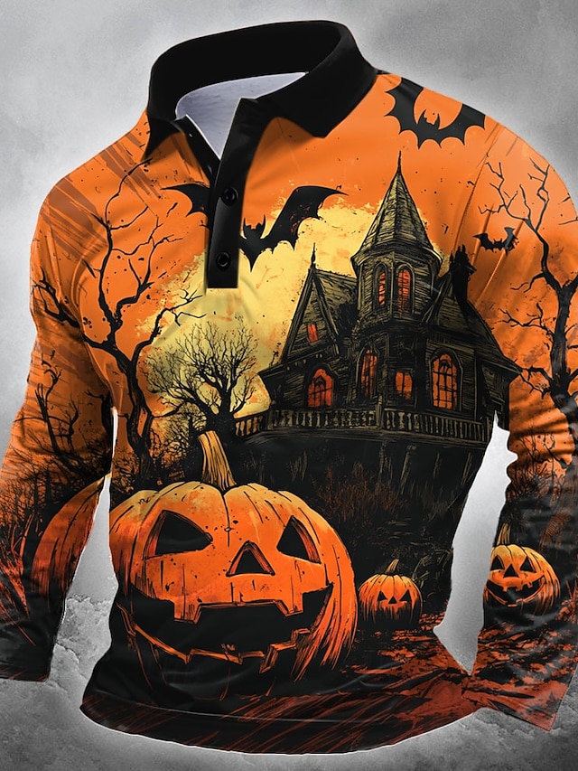  Halloween Miesten Kurpitsa Lepakko Polo Pitkähihainen Poolopaidat Kauluskäänne Vapaa-aika Tumma Katu Urheilu- ja treenivaatteet Festivaalin asu 3D-tulostus Napit Kevät Syksy Talvi oranssi1 Oranssi 2