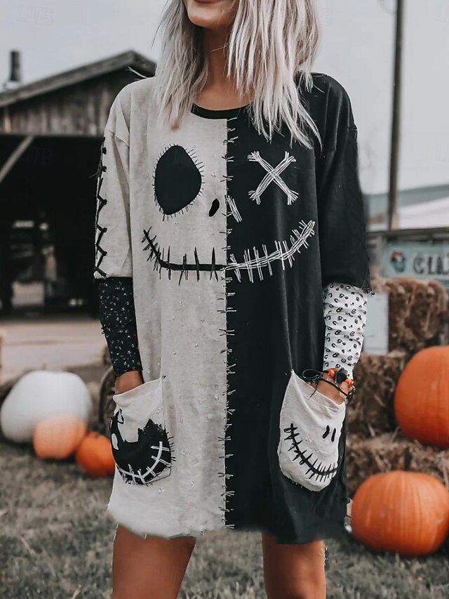 Halloween Women's T shirt Monster Long Sleeve Graphic Pumpkin Letter Vintage Stylish Long Sleeve Crew Neck Round Neck Long Tops Daily Going out Weekend Pocket Print Dark Gray Spring Fall Prefall3