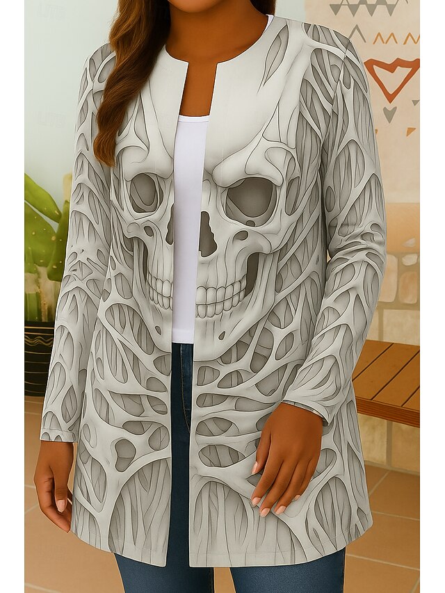 Halloween Women's Blazer Windproof Skulls Warm Pocket Color Block Open Front Modern Boho Vintage Skull Casual Daily Casual Daily Short Crewneck Regular Fit Long Sleeve Outerwear Black Fall3