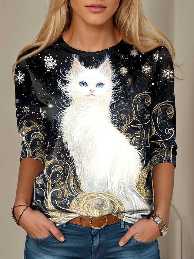  Femmes T-shirt Graphique Animal Chat ancien Mode Élégant manche longue Col ras du cou Hauts Réguliers Quotidien Imprimé Jaune Bleu Violet Vert Printemps Automne Hiver