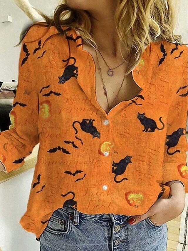 Halloween Women's Shirt Black Cat Print Button Down Tunic Shirt Collar Long Sleeve Graphic Cat Pumpkin Elegant Vintage Tropical V Neck Regular Tops Daily Holiday Print Yellow Orange Spring Fall3
