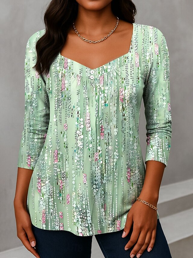 Women's T shirt Long Sleeve Ombre Graphic Vintage Fashion Stylish Long Sleeve V Neck Asymmetric Neck Regular Tops Daily Weekend Vacation Wear Buttons Print Blue Purple Green  Spring Prefall4