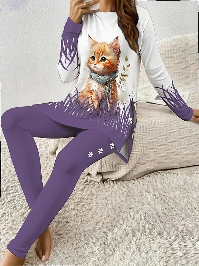  Komplet piżamowy dla kobiet dresy okrągły dekolt długi rękaw casual moda spodnie z nadrukiem grafika zwierzęca kot codzienne niebieski fioletowy zielony regularny krój