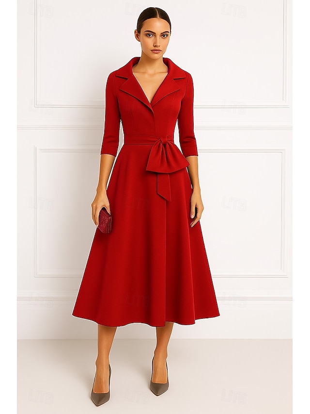  Rød portrettkrage A-linje cocktailkjoler elegant kjole formell bryllup te-lang midi-lengde 3/4-ermet stretch crepe med sløyfe(r) 2025
