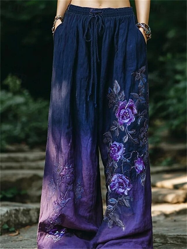 Women's Wide Leg Pants Trousers Palazzo Pants Fashion Full Length High Waist Flower Drawstring Pocket Elastic Waist Breathability Comfortable Street Daily Wear Going out Violet Spring Fall Regular Fit4