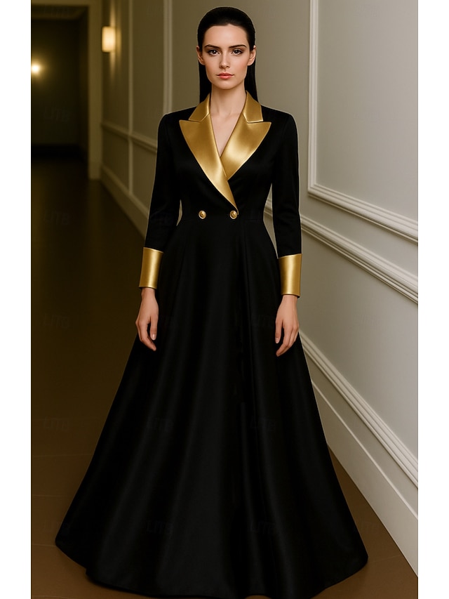  Vestido de noite preto dourado com corte A, elegante, formal, para casamento, comprimento até o chão, manga comprida, lapela, cetim com pregas, 2025