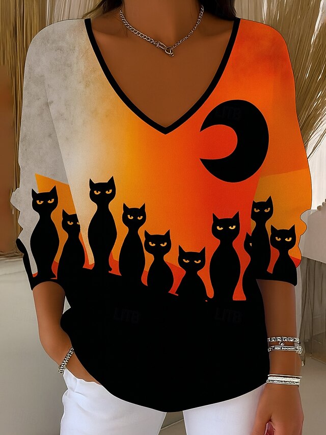 Halloween Women's Blouse Cat Vintage Stylish Classic Long Sleeve V Neck Regular Tops Daily Weekend Print Orange Fall Winter4